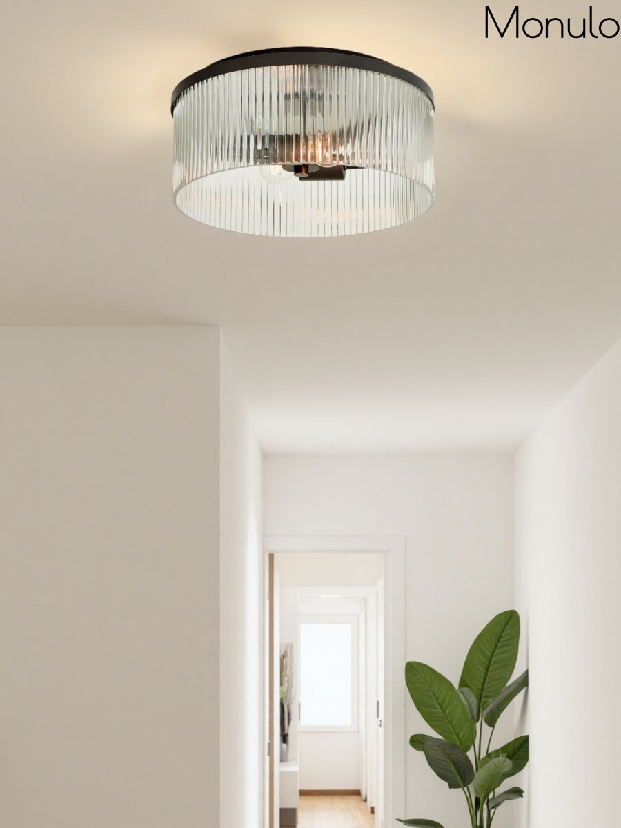 Bravira Elegant Ribbed Glass Flush-Mount Ceiling Light – Modern Low-Profile Fixture for Bedroom | Esilora