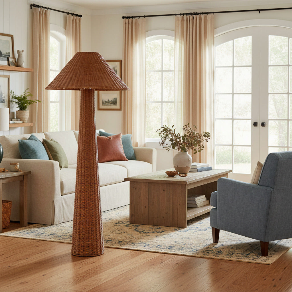 Wickara Geflochtene Stehlampe – Skulpturales Rattan-Design im natürlichen Rattan-Stil, geeignet für Wohnzimmer & Schlafzimmer | Esilora