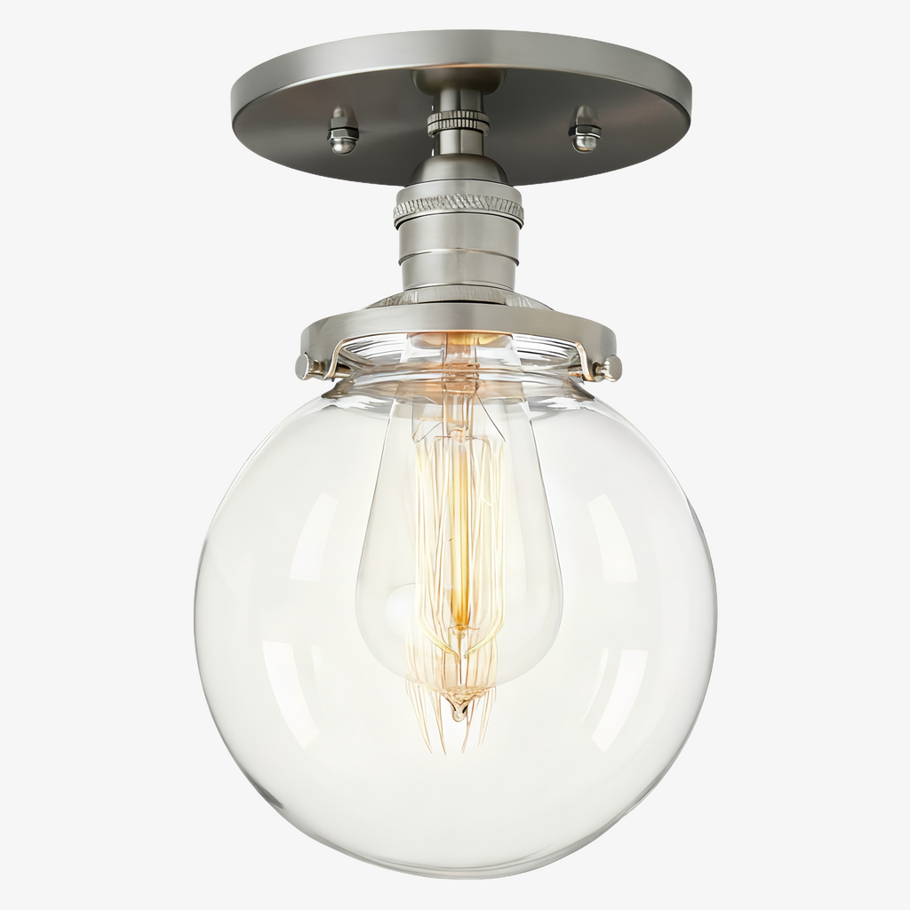 Glorica Glass Clear Globe – polopřisazené stropní svítidlo – moderní industriální styl do obývacího pokoje a jídelny | Esilora
