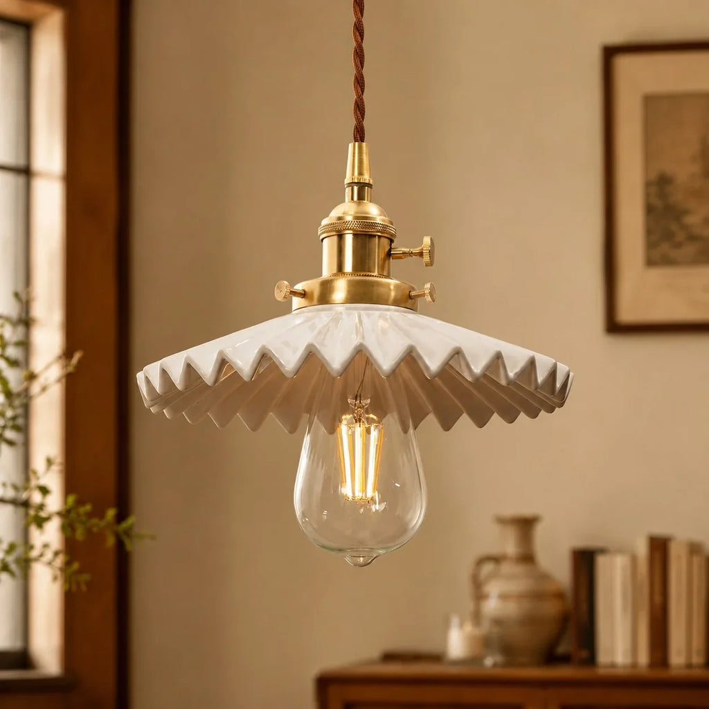 Pleated Ceramic Pendant Light with Brass Hardware | Esilora