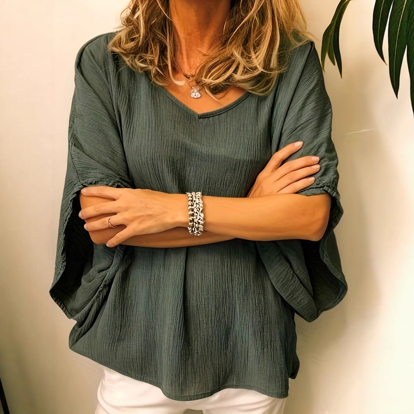 Blouse Fluide à Texture Gaufrée et Manches Chauve-Souris