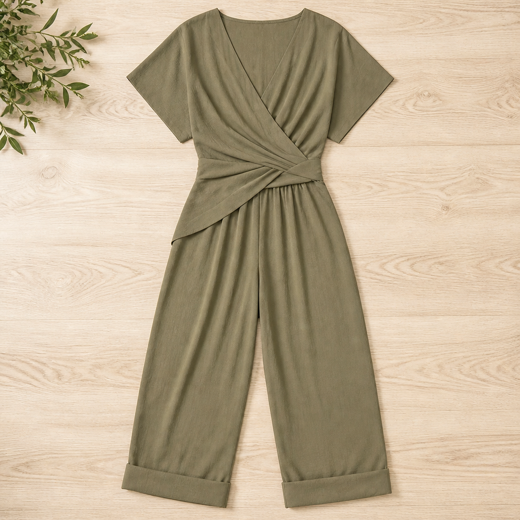 SolaraLuxe – Wrap-Front Wide-Leg Jumpsuit with Twist Waist - Esilora