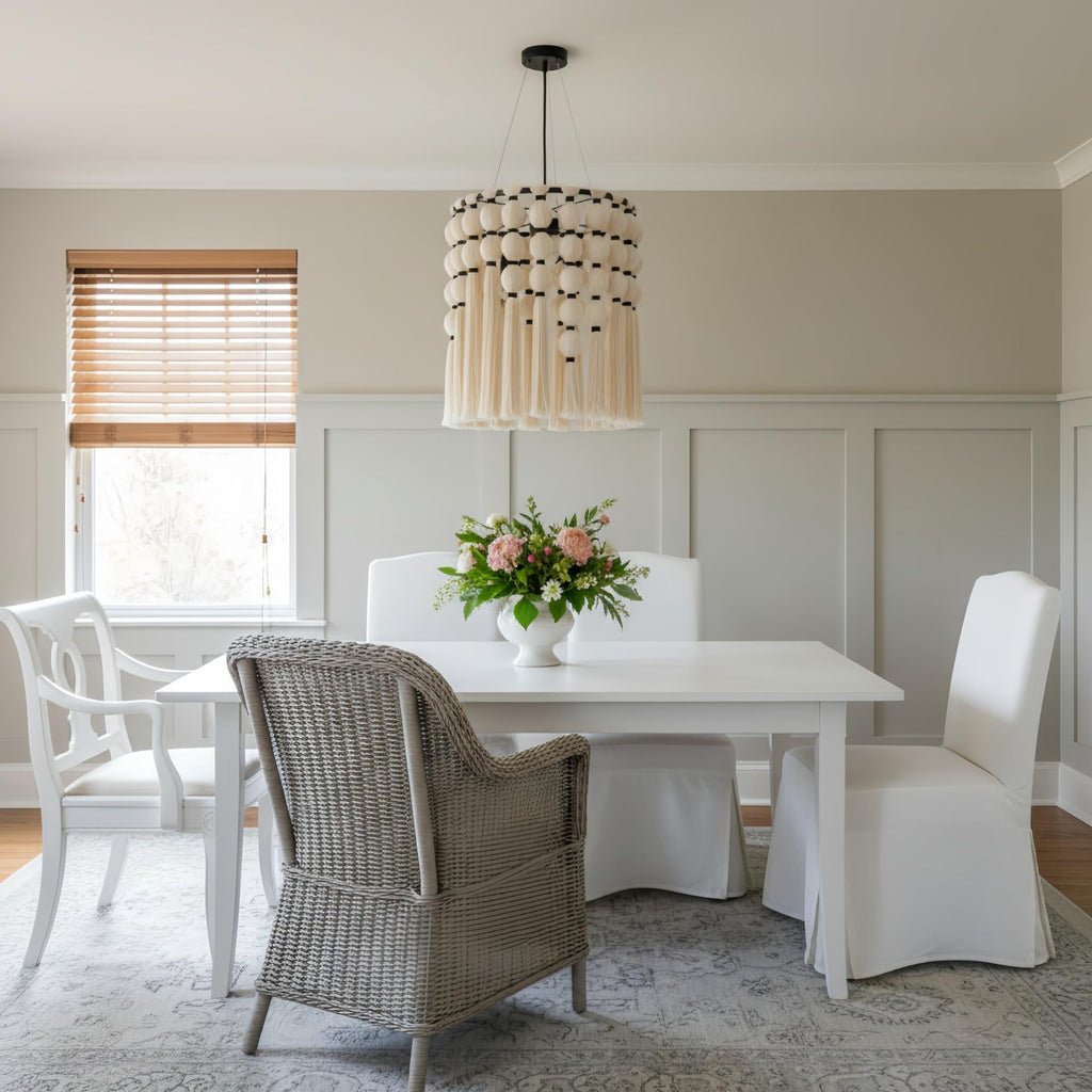 Modulune moderner eleganter handgefertigter Kronleuchter mit weißem Baumwollfransen für Wohnzimmer | Esilora
