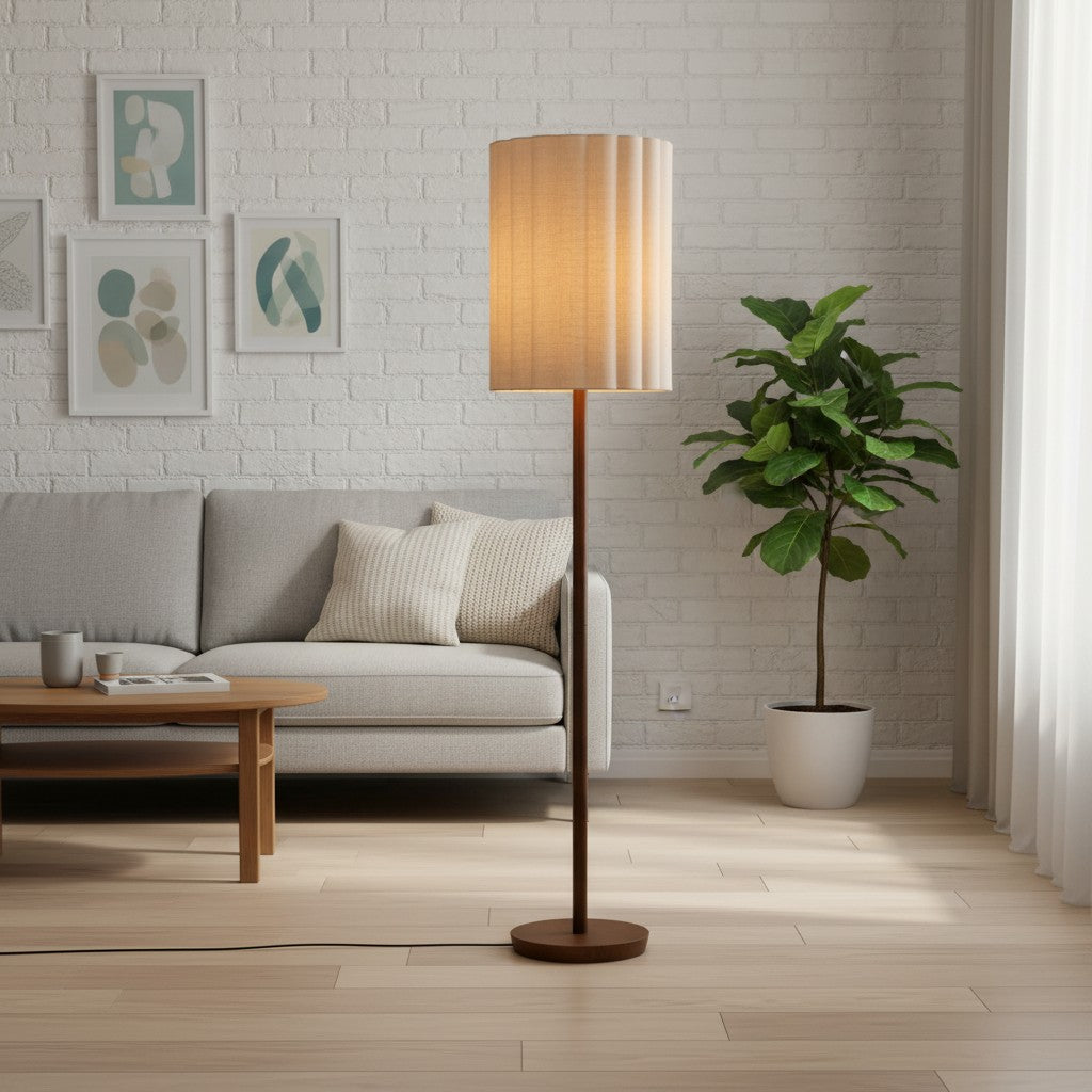 Linbron golvlampa med neutral tygskärm och trästruktur – minimalistisk modern golvlampa för vardagsrum och arbetsrum | Esilora