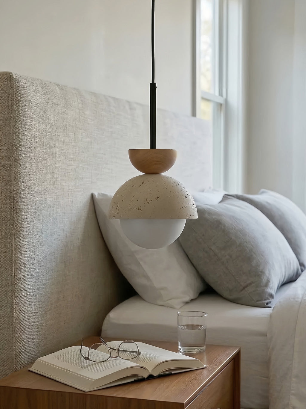 Modern Minimalist Hemisphere Travertine Wood Pendant Lamp | Esilora