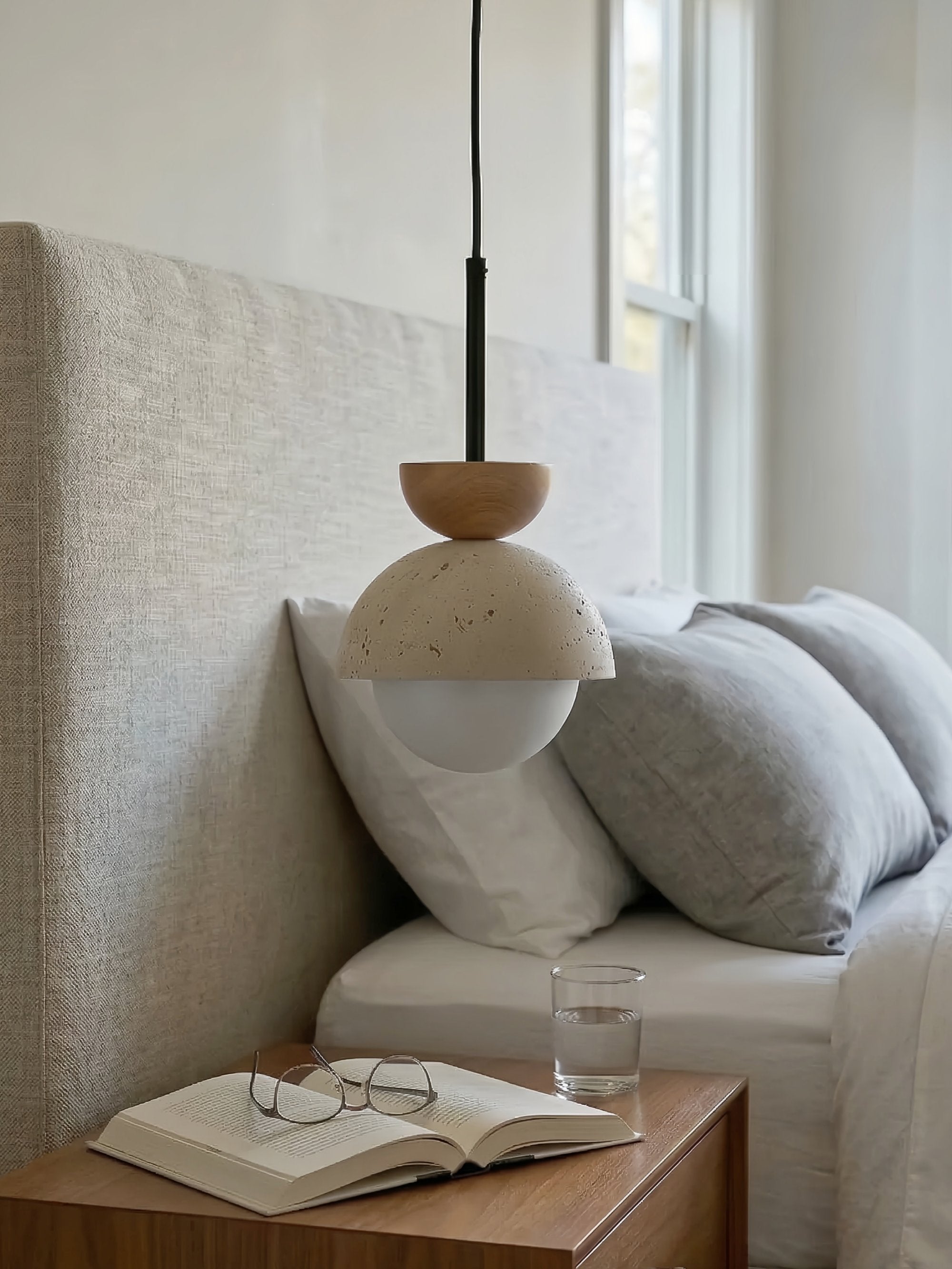 Modern Minimalist Hemisphere Travertine Wood Pendant Lamp | Esilora