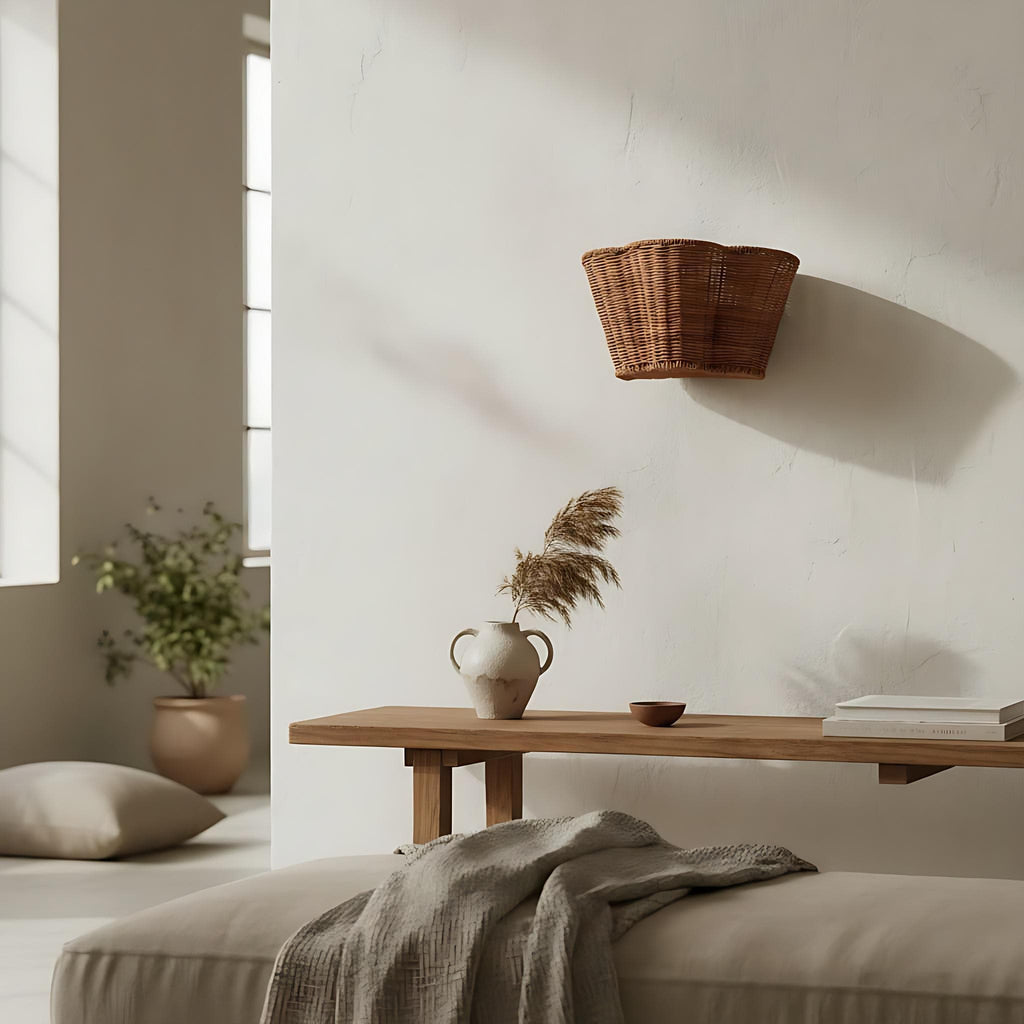 Wickara Geflochtene Wandlampe – Wellenförmiger Korbschirm Wandlicht für Schlafzimmer | Esilora