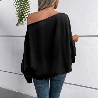 Blouse Satinée à Épaule Dénudée et Manches Bouffantes