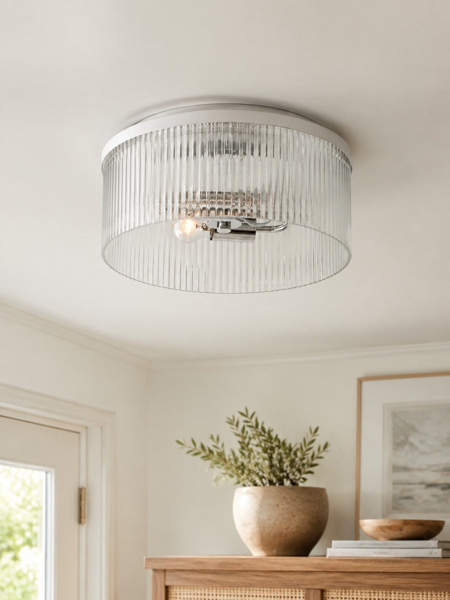 Bravira Elegant Ribbed Glass Flush-Mount Ceiling Light – Modern Low-Profile Fixture for Bedroom | Esilora