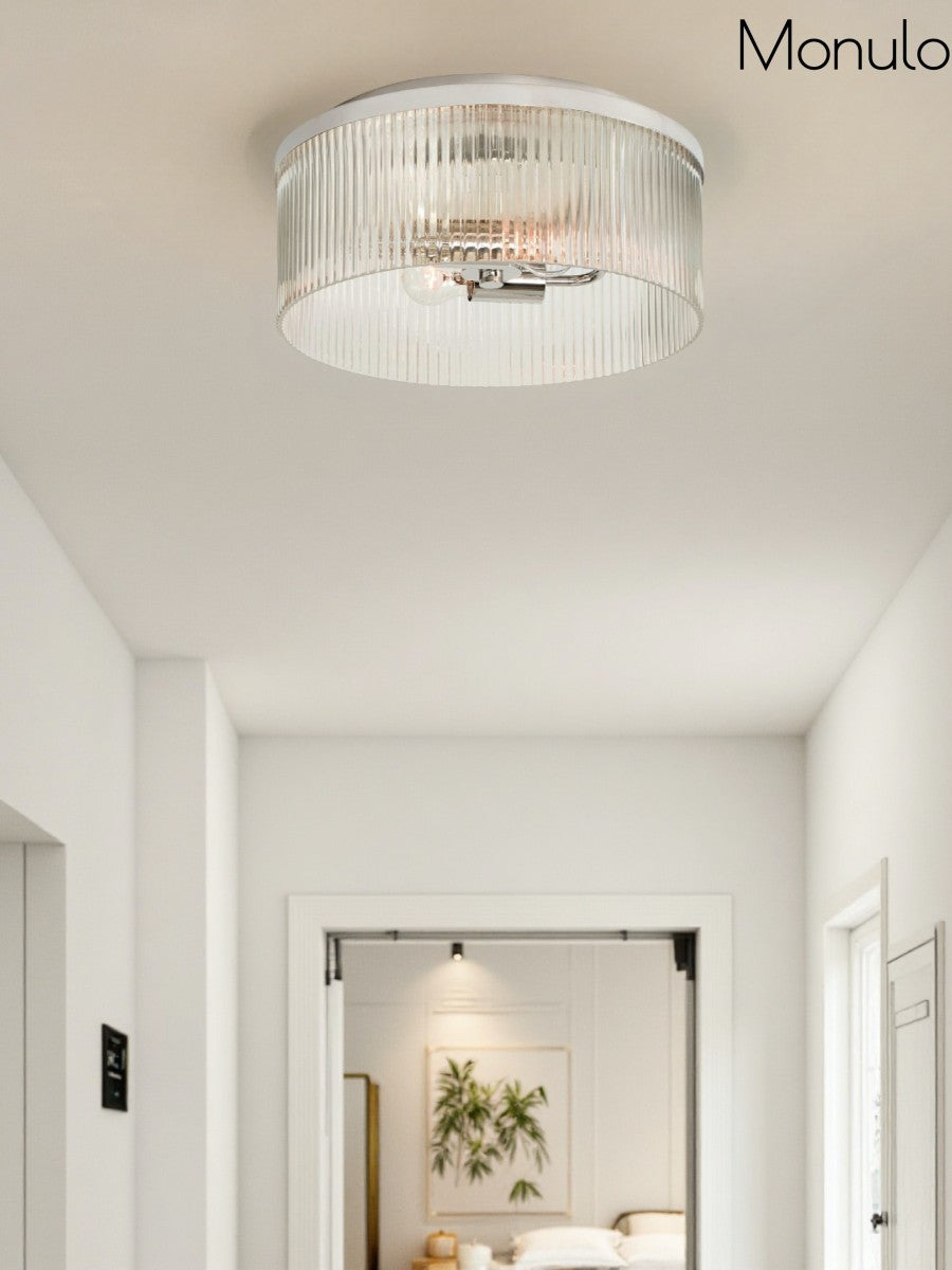 Bravira Elegant Ribbed Glass Flush-Mount Ceiling Light – Modern Low-Profile Fixture for Bedroom | Esilora