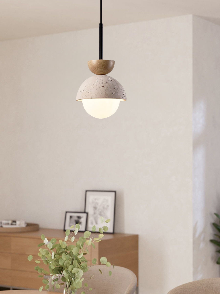 Modern Minimalist Hemisphere Travertine Wood Pendant Lamp | Esilora
