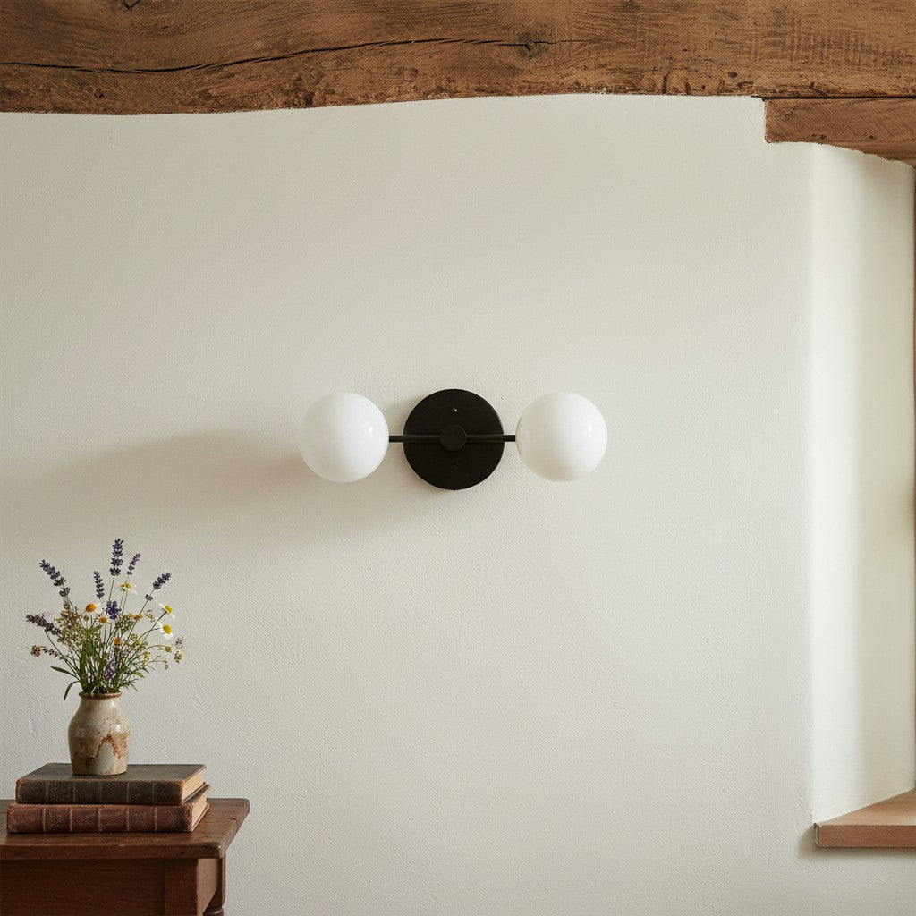 Glorica Glass Minimalist Metal Arm Globe Wall Sconce – Mid-Century Vanity Lighting for Mirror & Hallway | Esilora