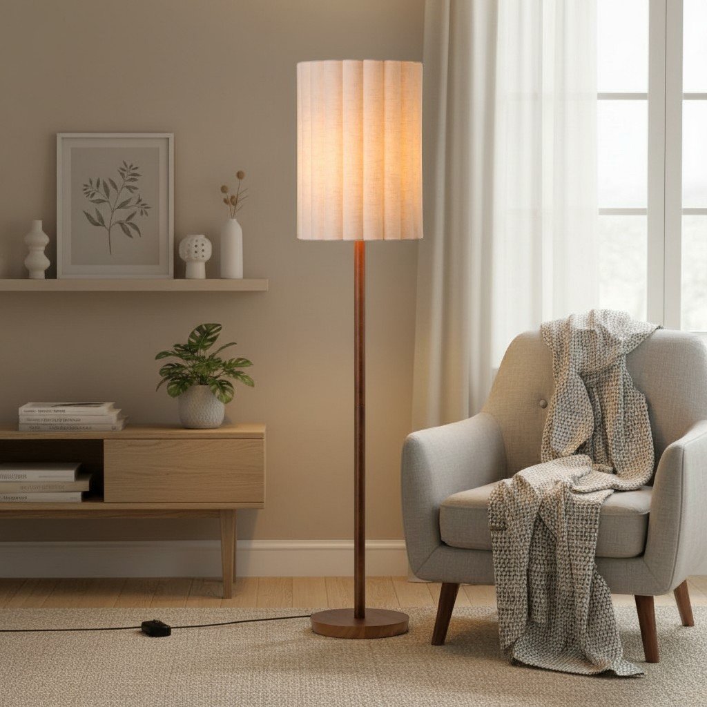 Linbron golvlampa med neutral tygskärm och trästruktur – minimalistisk modern golvlampa för vardagsrum och arbetsrum | Esilora