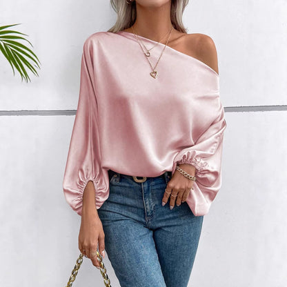 Blouse Satinée à Épaule Dénudée et Manches Bouffantes