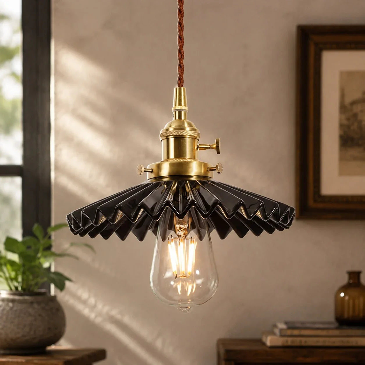Pleated Ceramic Pendant Light with Brass Hardware | Esilora