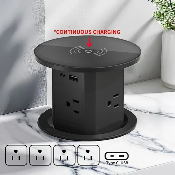 Auto Pop-Up Desk Socket Tower With USB-C, Wireless Charging And Global Plug