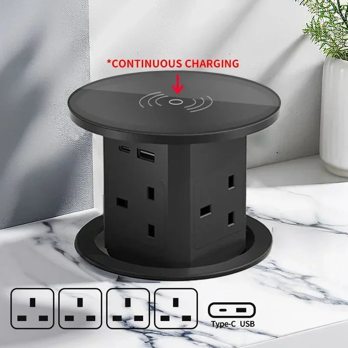 Auto Pop-Up Desk Socket Tower With USB-C, Wireless Charging And Global Plug