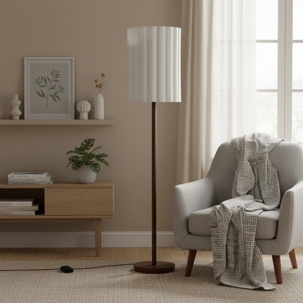 Linbron golvlampa med neutral tygskärm och trästruktur – minimalistisk modern golvlampa för vardagsrum och arbetsrum | Esilora
