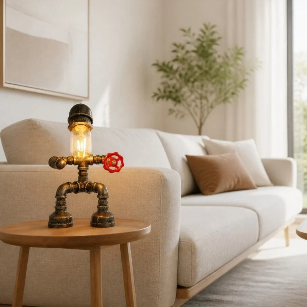 Vintage Industrial Pipe Character Table Lamp for Bedside Desk and Living Room Accent Decor | Esilora