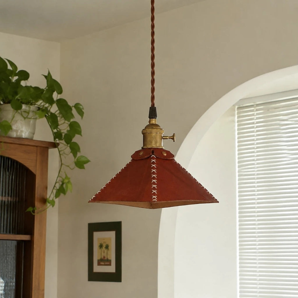 Reddish Brown Leather Pyramid Pendant Lamp | Esilora
