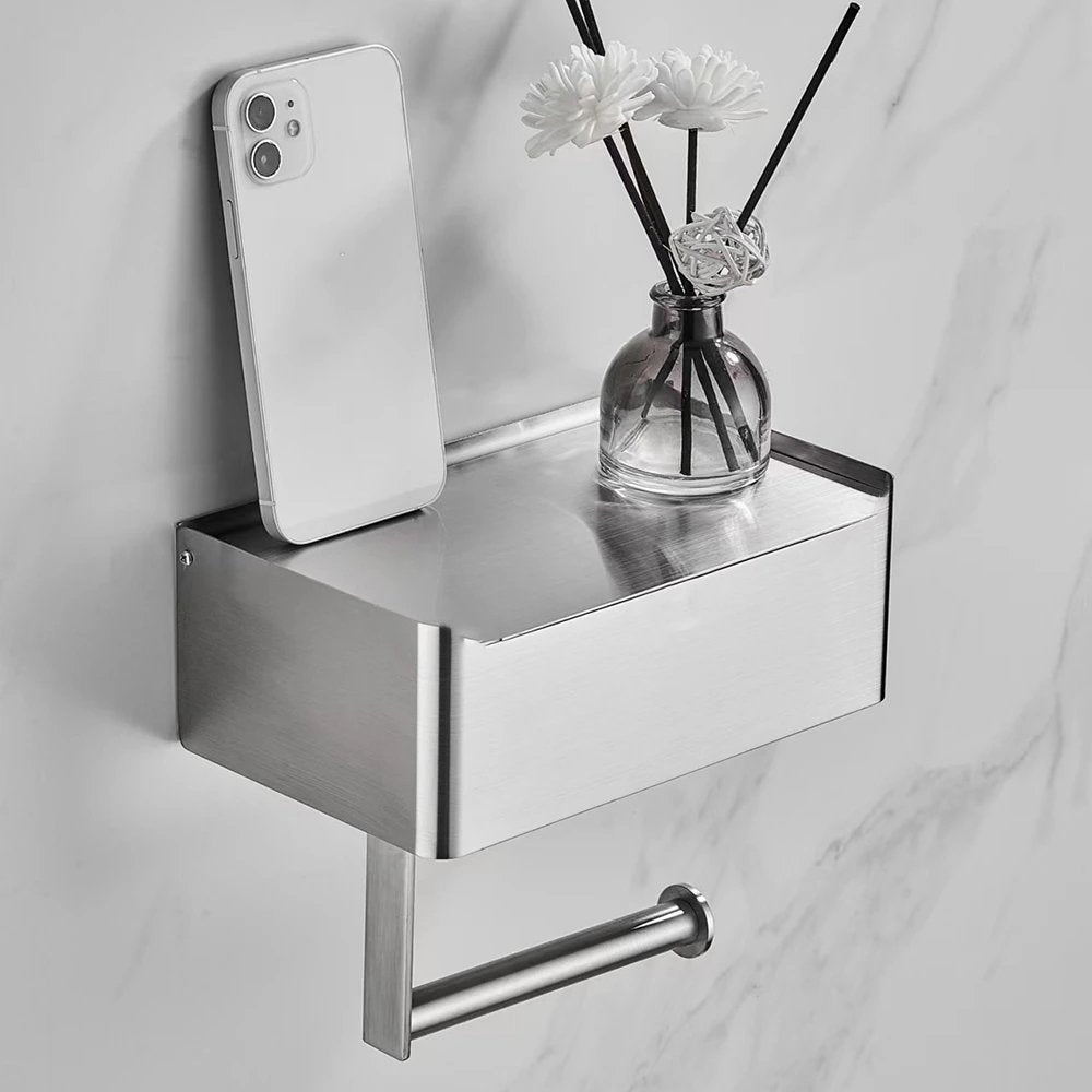 Tissuedispenser | Roestvrijstalen toiletpapierhouder | 2-in-1-houder met plank | SteelShelf - Esilora