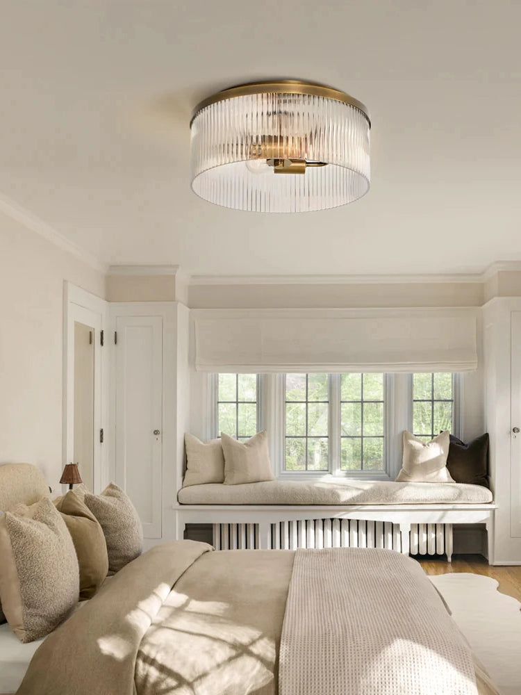 Bravira Elegant Ribbed Glass Flush-Mount Ceiling Light – Modern Low-Profile Fixture for Bedroom | Esilora