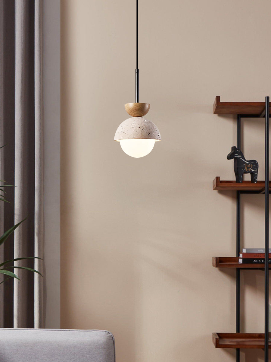 Modern Minimalist Hemisphere Travertine Wood Pendant Lamp | Esilora