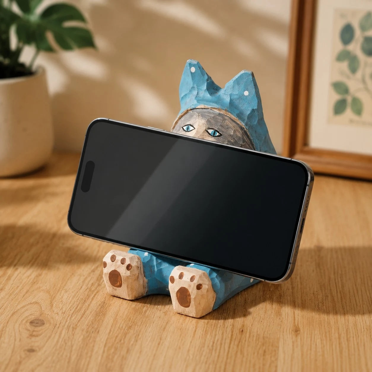 Support de téléphone en bois sculpté à la main représentant un animal | Esilora