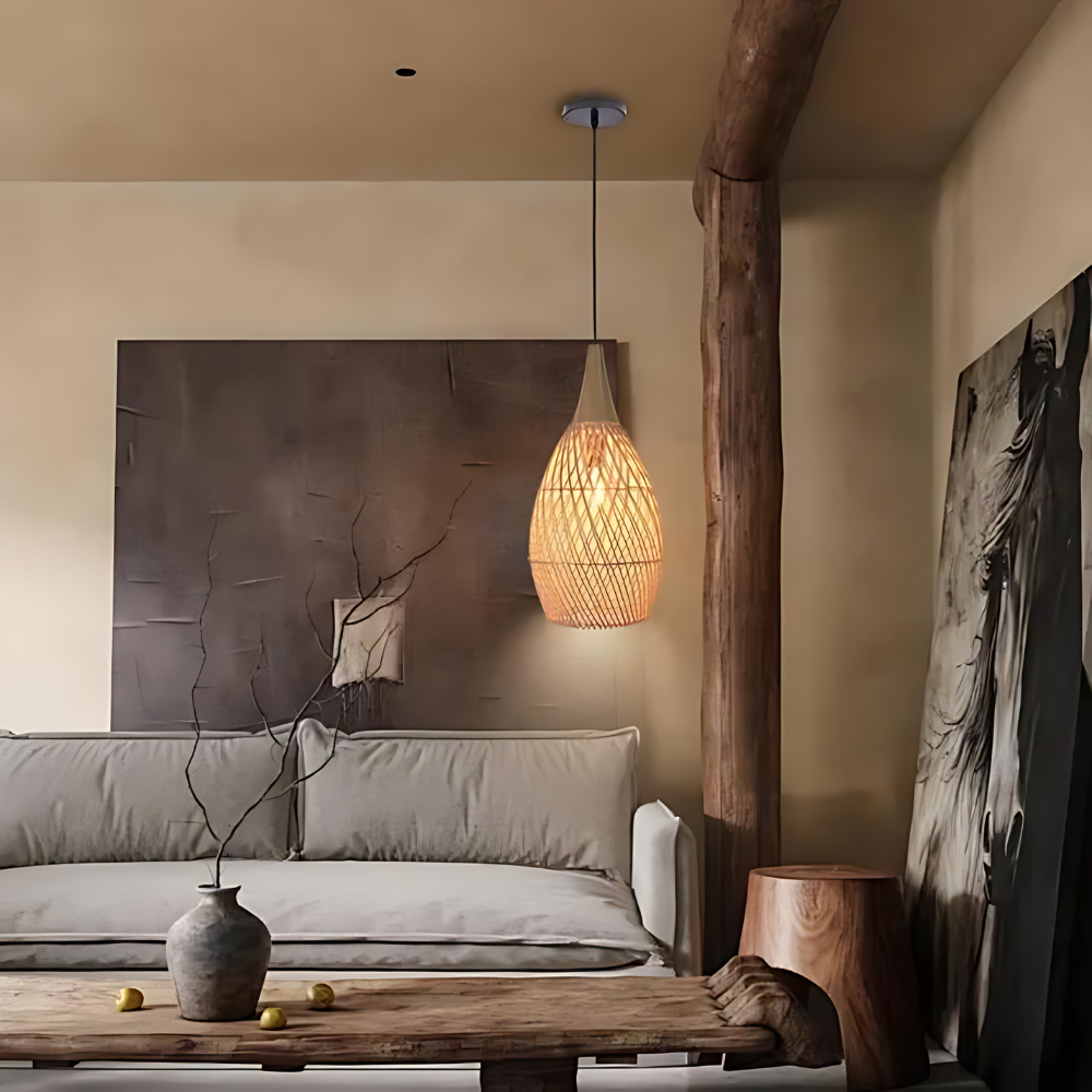 Ręcznie wykonana wisząca lampa z rattanu w formie gobelinu | Esilora