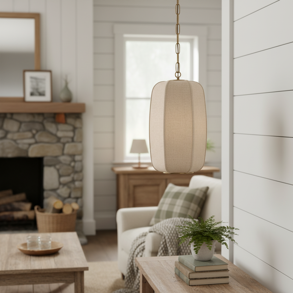 Loomis Tall Pendant with Textured Linen Shade – Industrial to Modern Pendant for Dining Room and Kitchen Island | Esilora