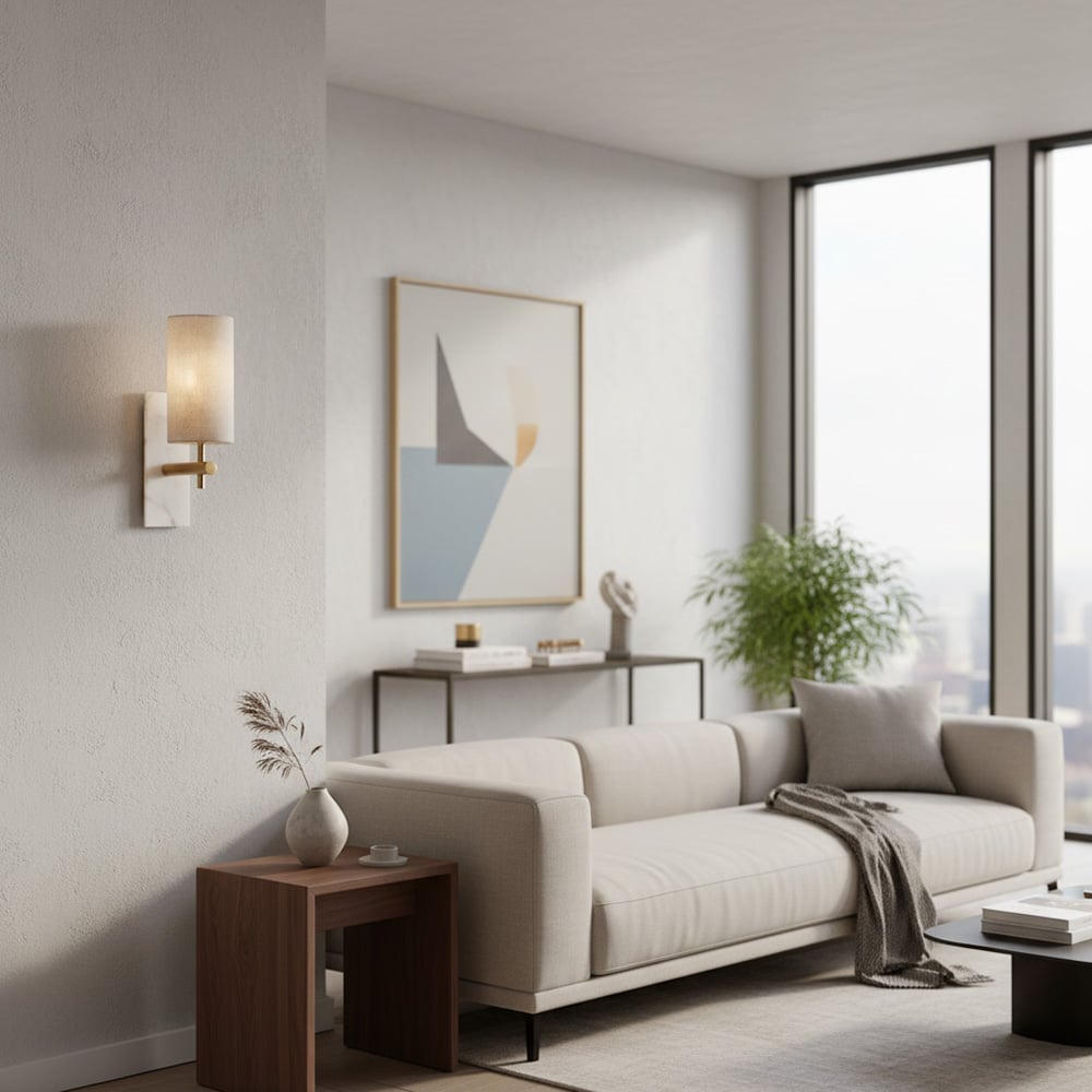 Mavora Leinen-Schirm Wandlampe mit Steinrückplatte – Elegante Schlafzimmer-Wandlampe | Esilora