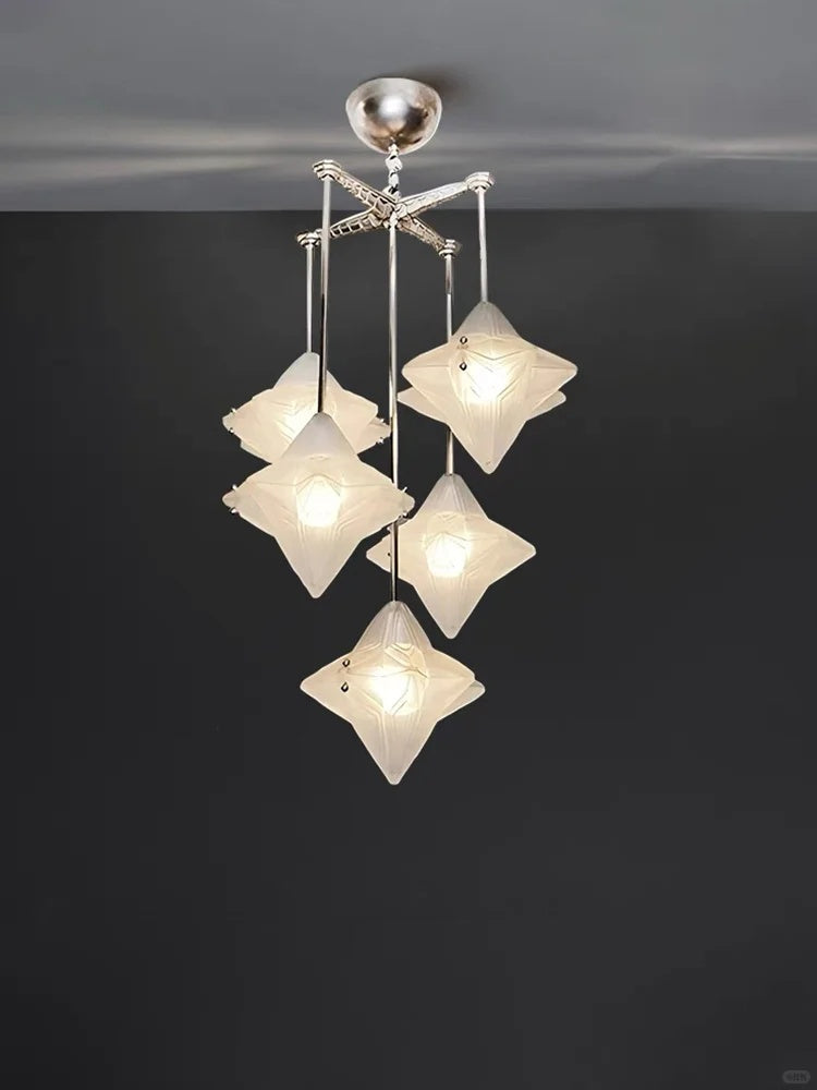 Art Deco Star Chandelier – Frosted Glass Deco Fixture for Dining Room – Astris Vega | Esilora