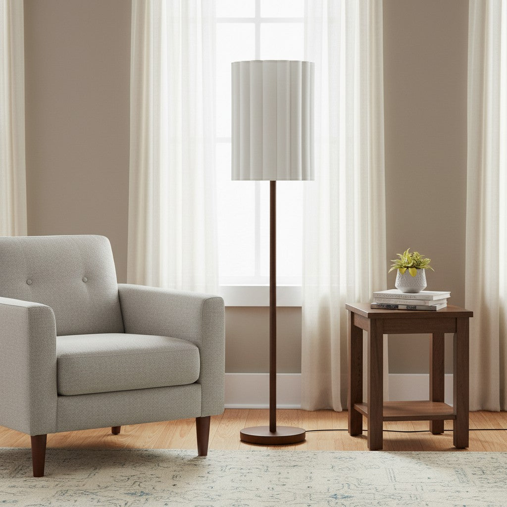 Linbron golvlampa med neutral tygskärm och trästruktur – minimalistisk modern golvlampa för vardagsrum och arbetsrum | Esilora