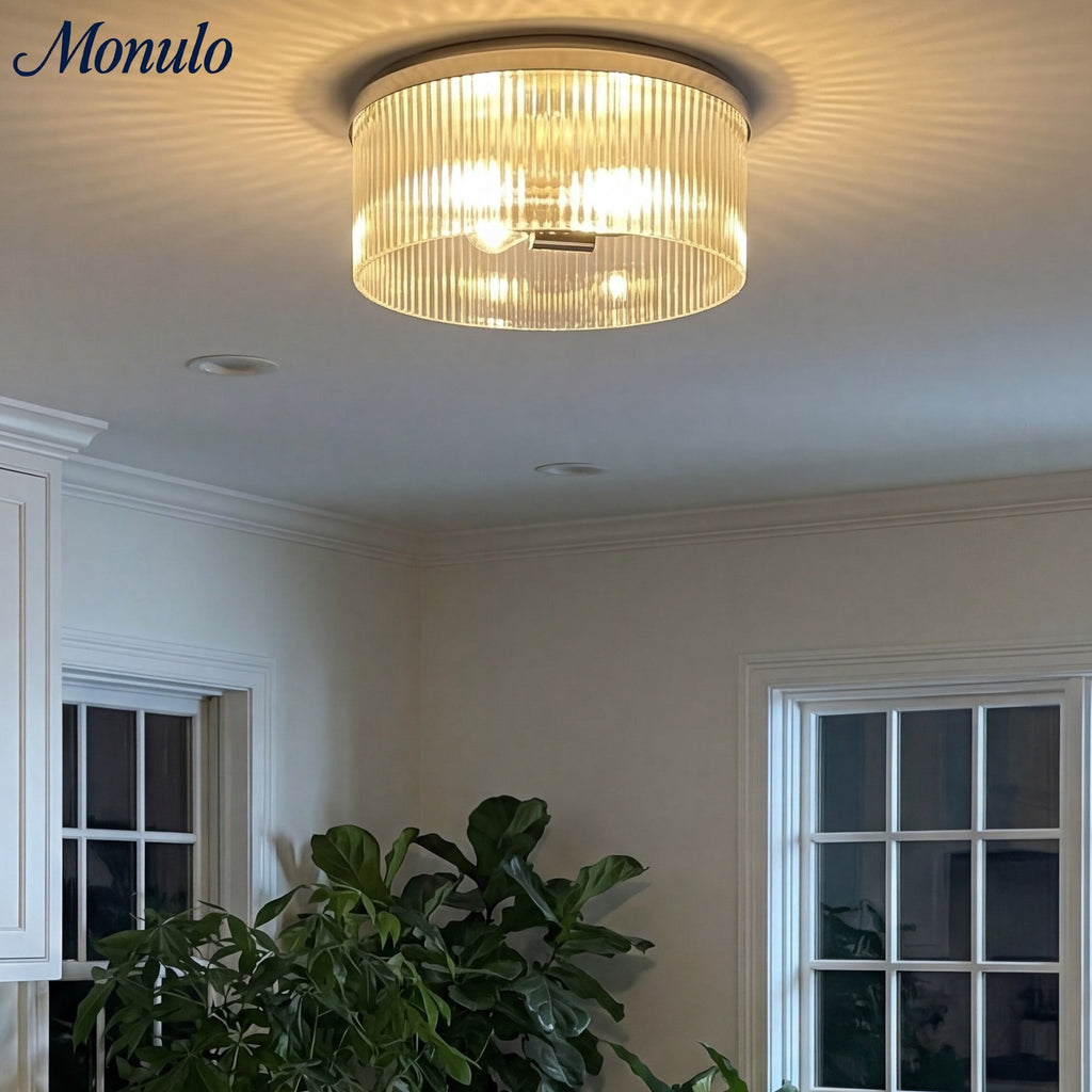 Bravira Elegant Ribbed Glass Flush-Mount Ceiling Light – Modern Low-Profile Fixture for Bedroom | Esilora