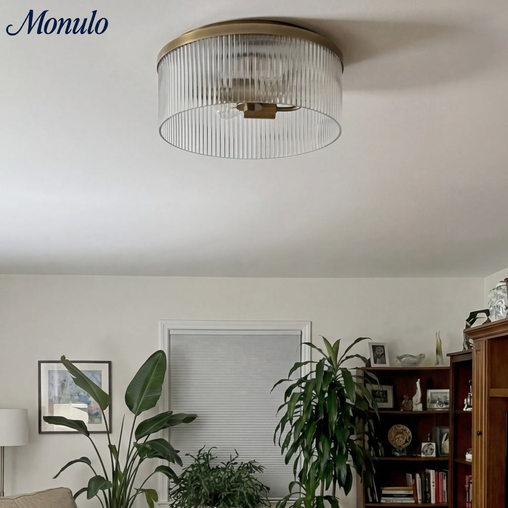 Bravira Elegant Ribbed Glass Flush-Mount Ceiling Light – Modern Low-Profile Fixture for Bedroom | Esilora