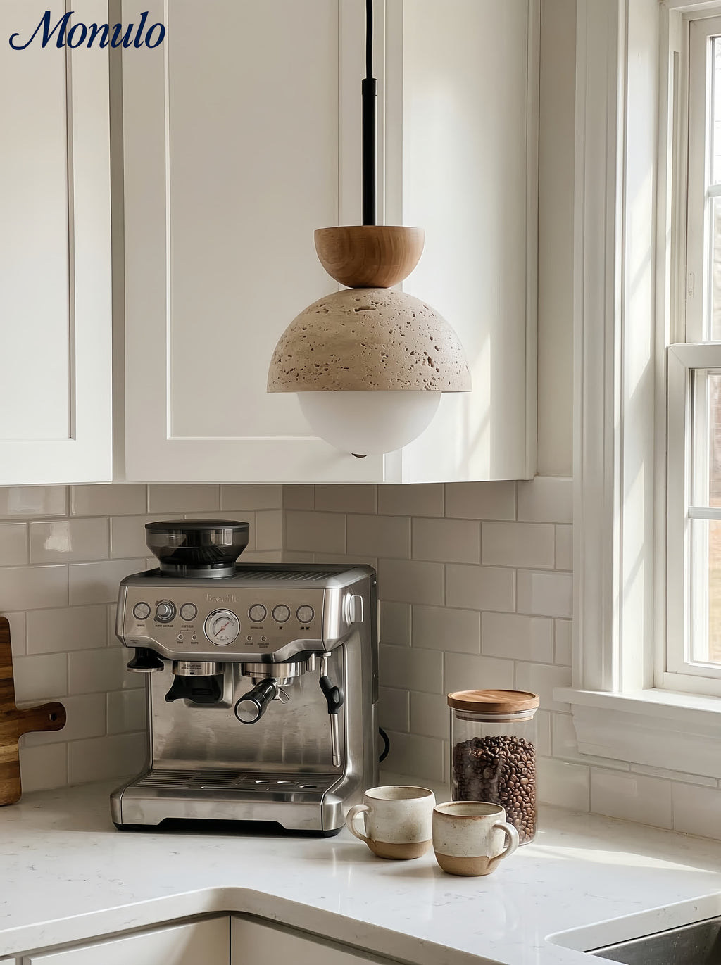 Modern Minimalist Hemisphere Travertine Wood Pendant Lamp | Esilora