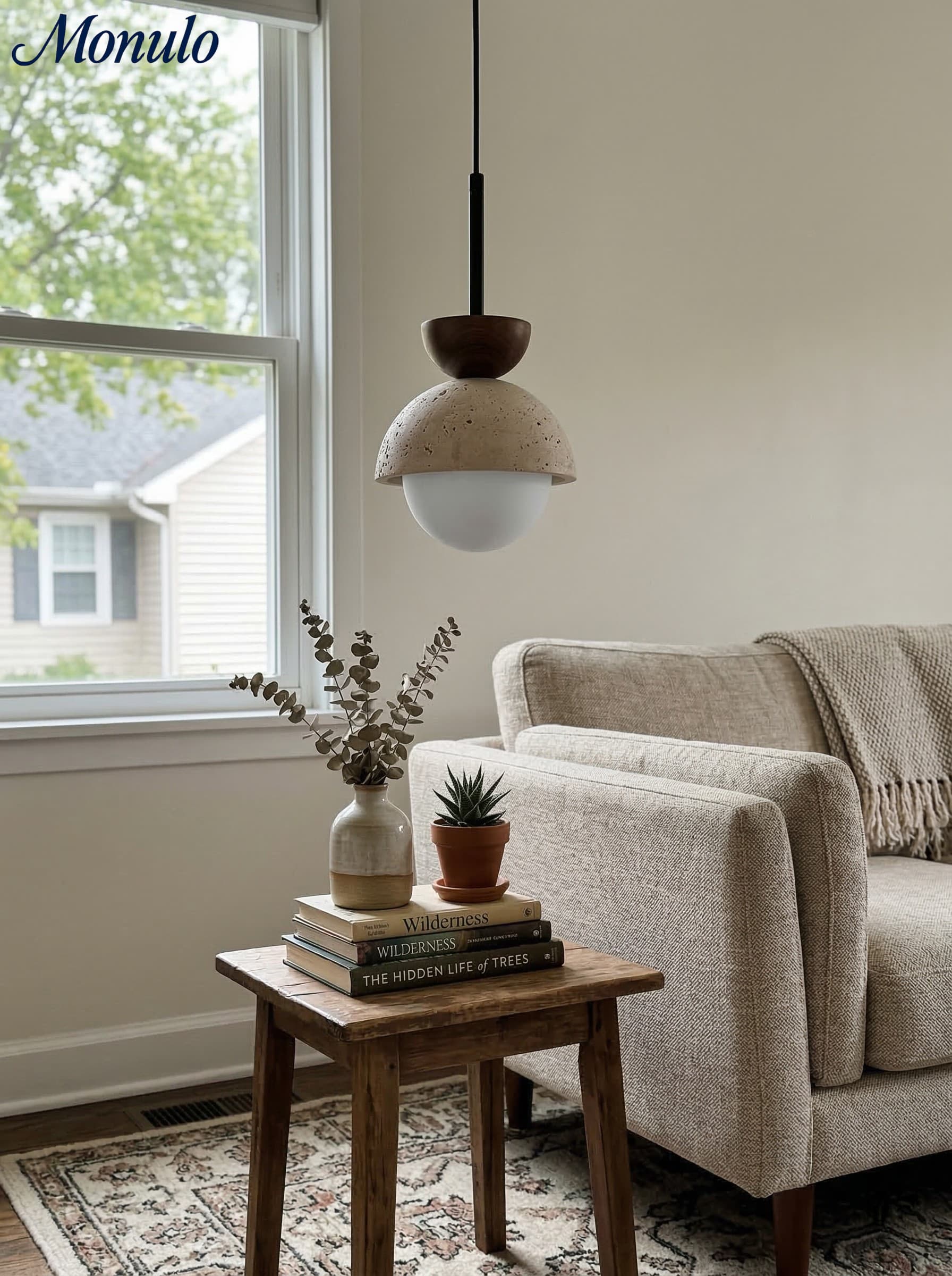 Modern Minimalist Hemisphere Travertine Wood Pendant Lamp | Esilora
