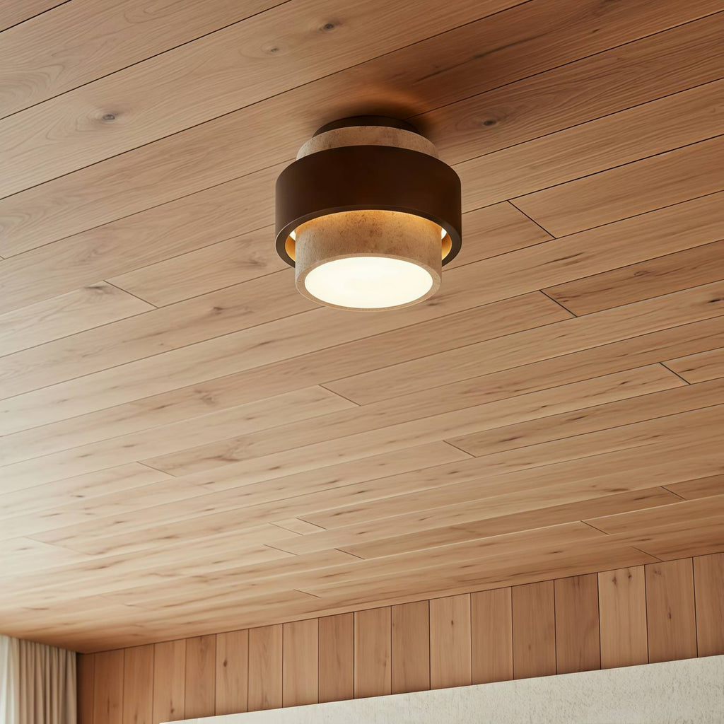 MokuStone Wabi Sabi Travertine Ceiling Lamp - Textured Stone Flush Mount Lighting for Home | Esilora