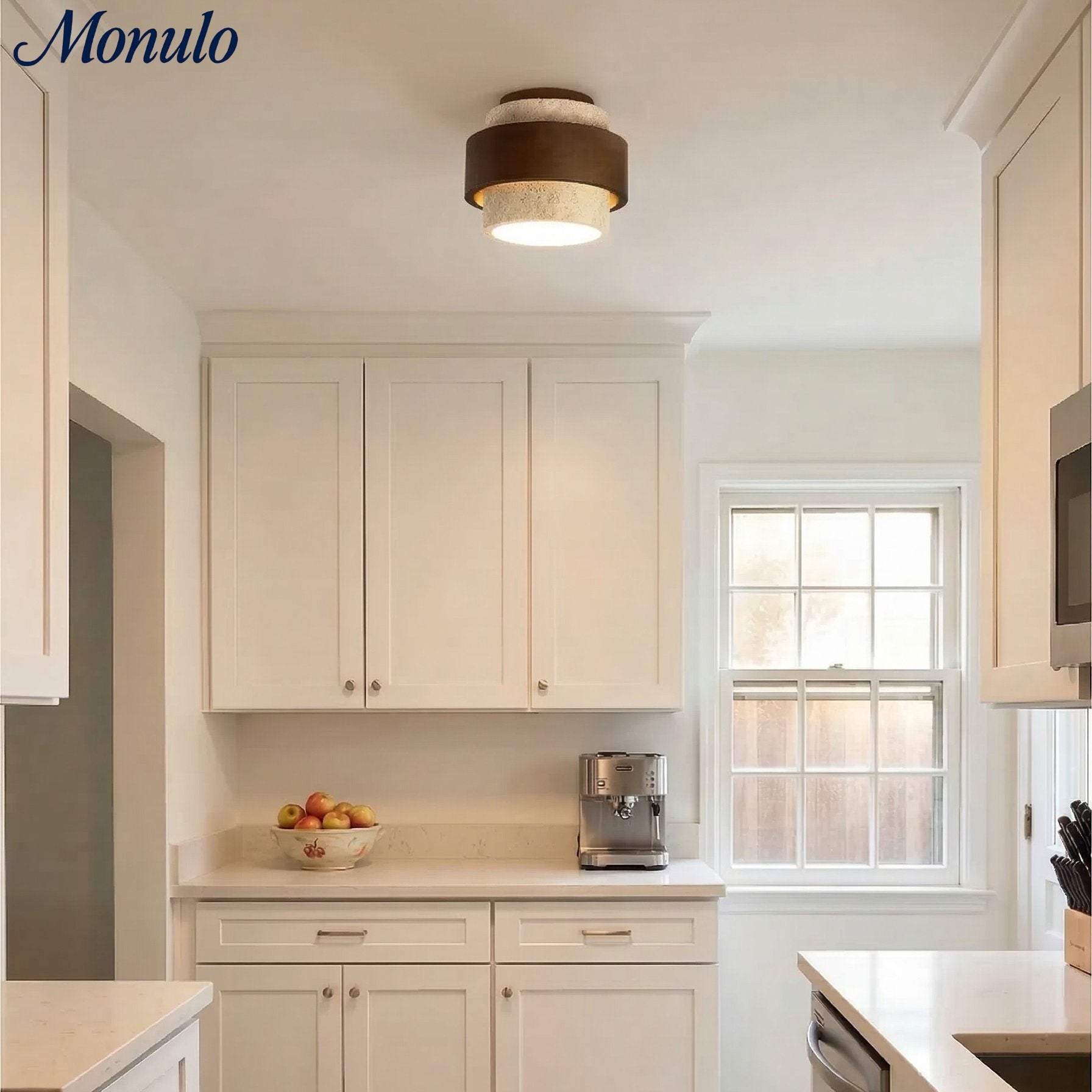 MokuStone Wabi Sabi Travertine Ceiling Lamp - Textured Stone Flush Mount Lighting for Home | Esilora