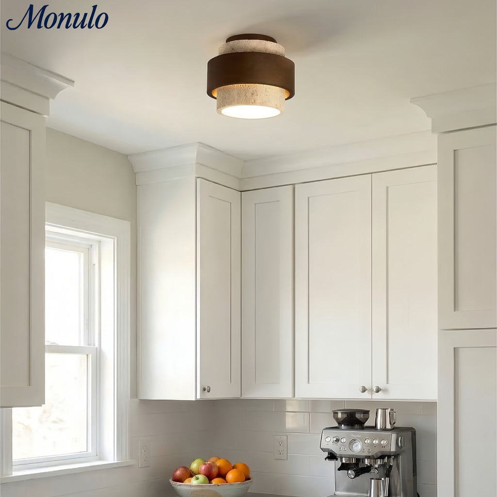 MokuStone Wabi Sabi Travertine Ceiling Lamp - Textured Stone Flush Mount Lighting for Home | Esilora