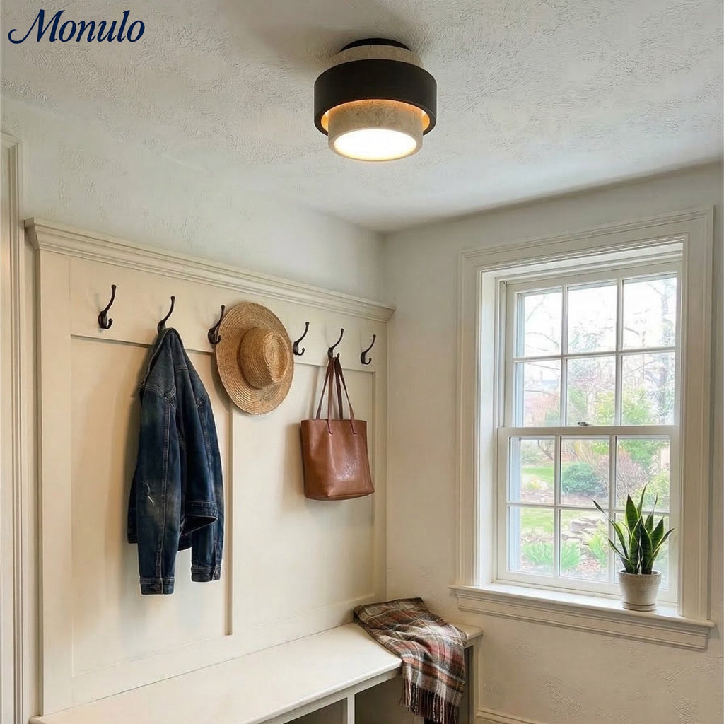 MokuStone Wabi Sabi Travertine Ceiling Lamp - Textured Stone Flush Mount Lighting for Home | Esilora