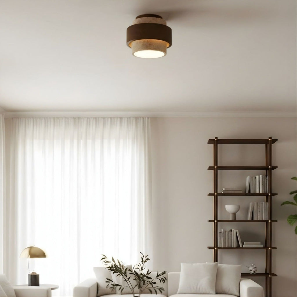 MokuStone Wabi Sabi Travertine Ceiling Lamp - Textured Stone Flush Mount Lighting for Home | Esilora
