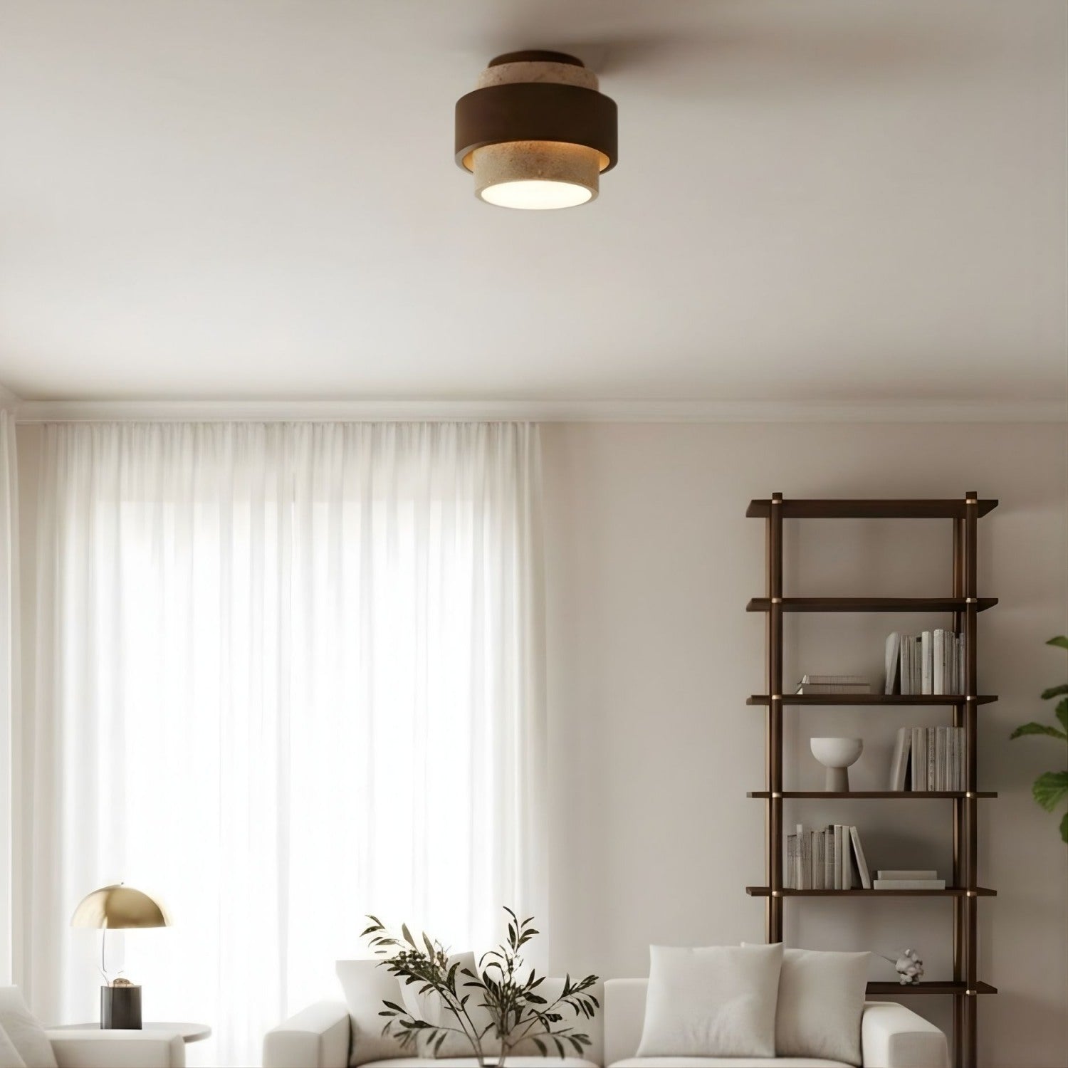 MokuStone Wabi Sabi Travertine Ceiling Lamp - Textured Stone Flush Mount Lighting for Home | Esilora