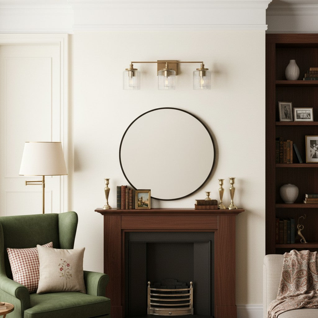Luminaire de salle de bains Lirra à trois abat-jour en verre, design élégant en métal – Éclairage de coiffeuse | Esilora