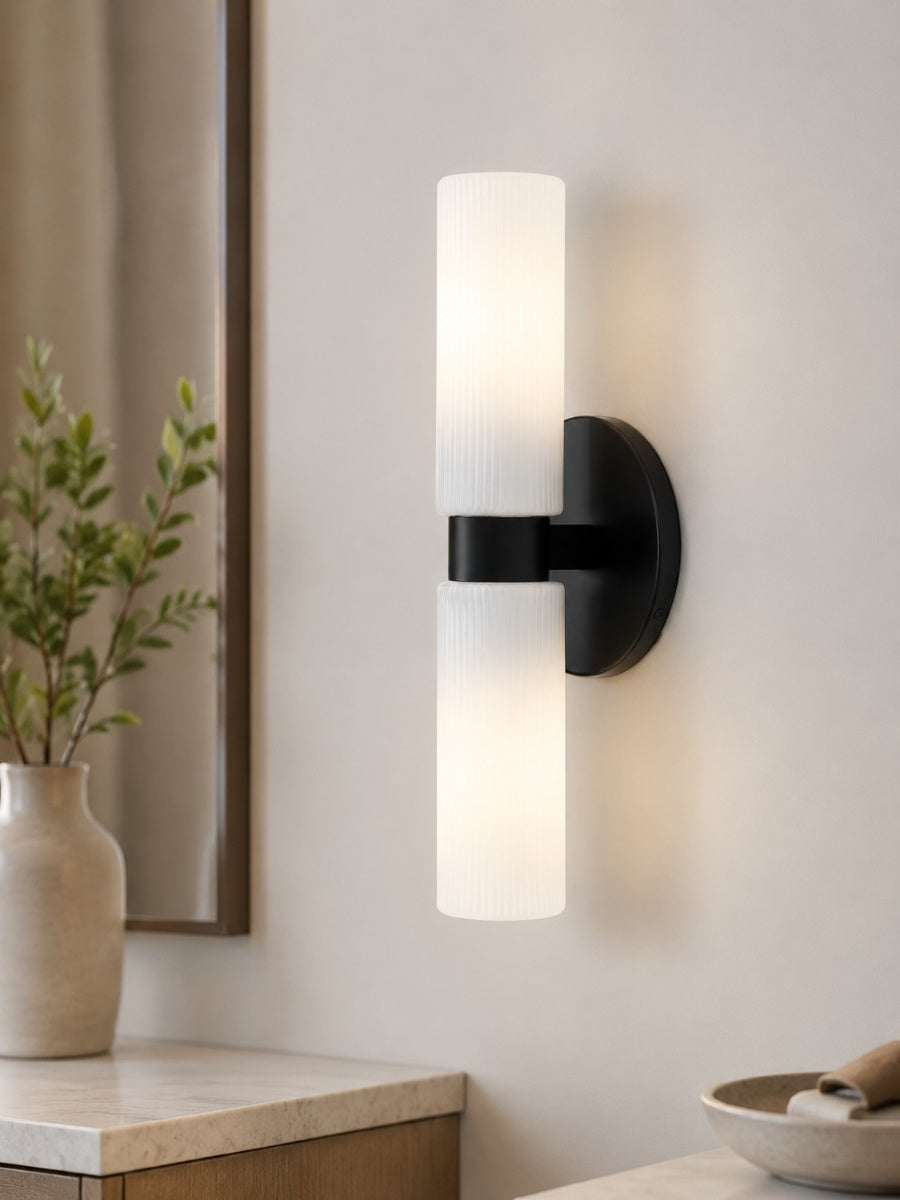 Rivora Ribbed Glass Tube Double Wall Lamp – Contemporary Wall Lighting for Entryway | Esilora
