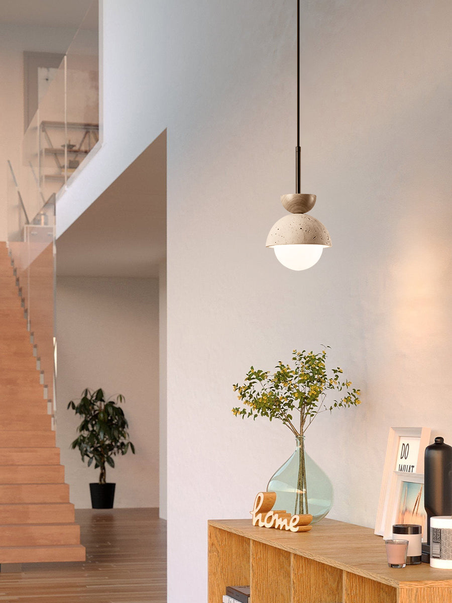 Modern Minimalist Hemisphere Travertine Wood Pendant Lamp | Esilora