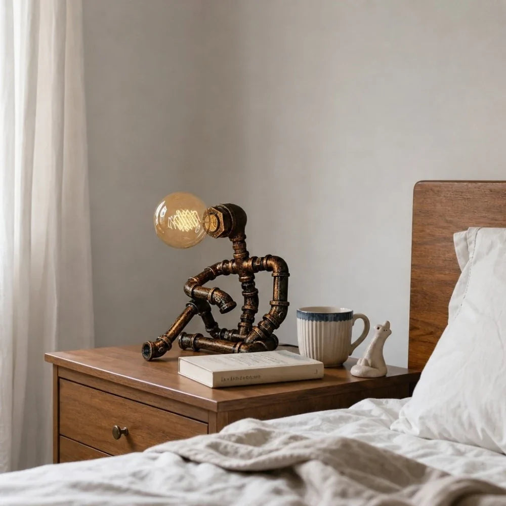 Vintage Industrial Pipe Character Table Lamp for Bedside Desk and Living Room Accent Decor | Esilora
