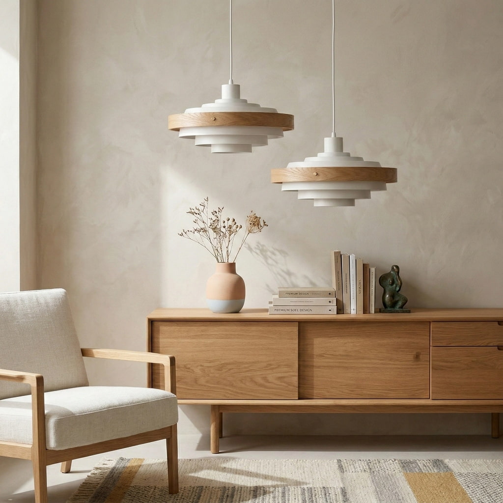 Suspension contemporaine à étages Layervelle – Lampe sculpturale suspendue en bois et métal pour les espaces de vie | Esilora