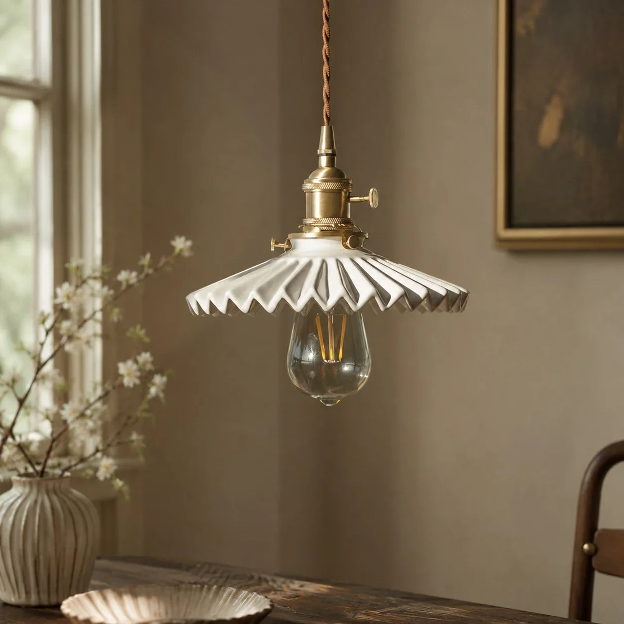 Pleated Ceramic Pendant Light with Brass Hardware | Esilora