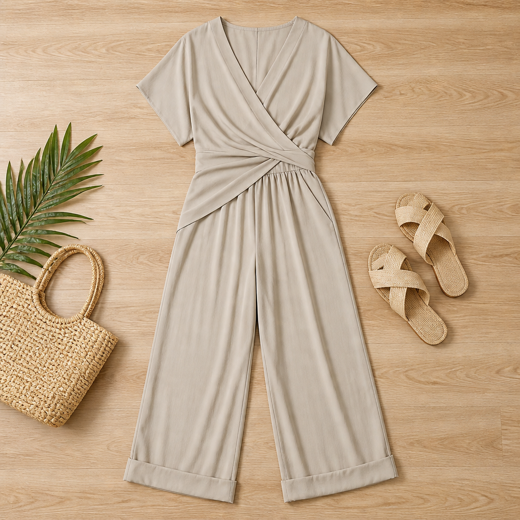 SolaraLuxe – Wrap-Front Wide-Leg Jumpsuit with Twist Waist - Esilora